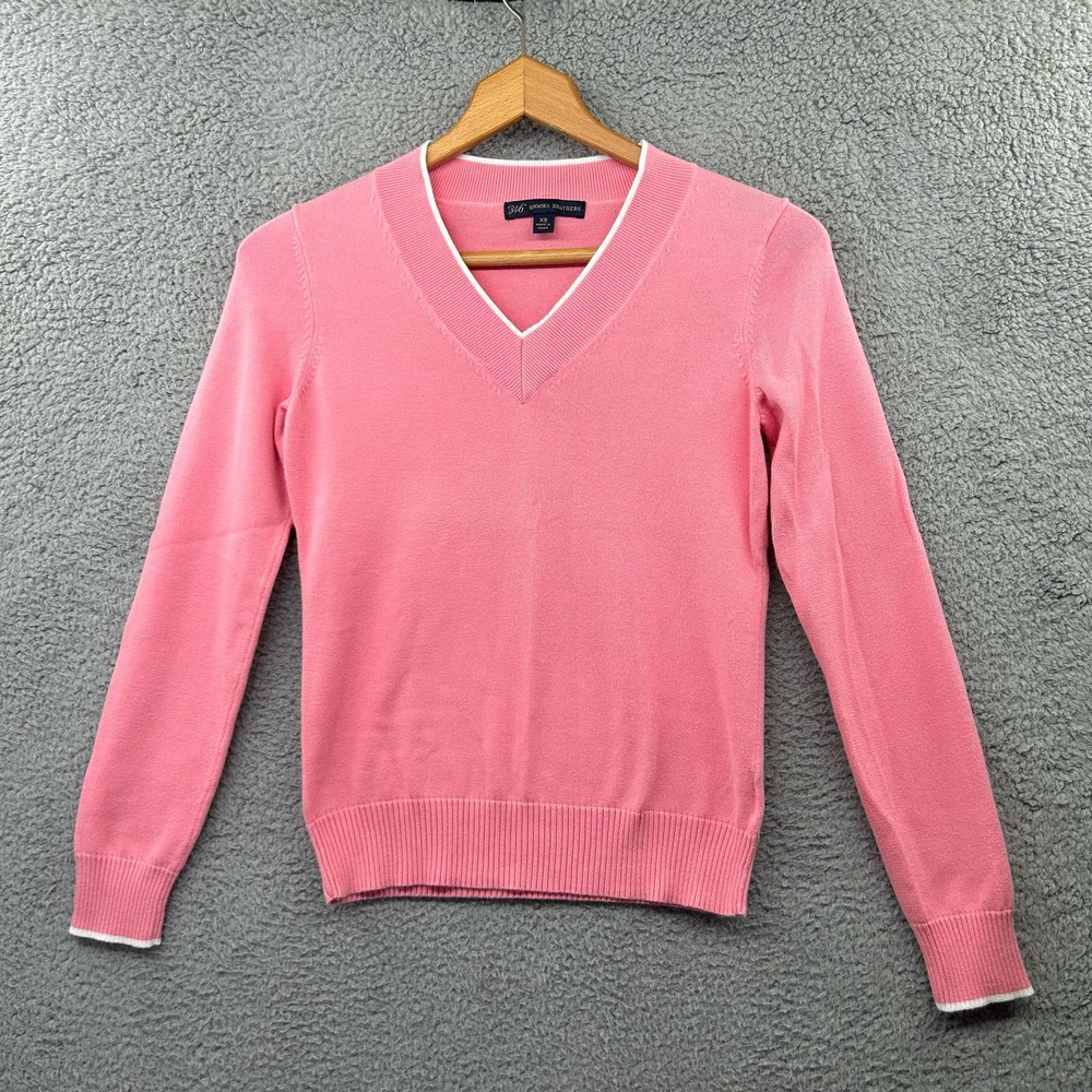 BROOKS BROTHERS Womens V Neck Sweater XS Pink Cotton Pullover Preppy Classic